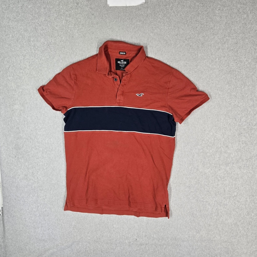 Hollister Men Polo L Red Embroidered Colorblock Logo EPIC FLEX Rugby Short Sleev